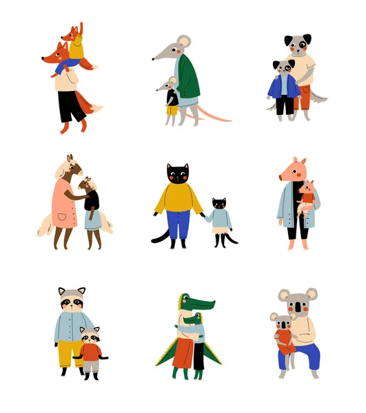 動物とその子供セット、愛らしい子供たちと愛する親人間化文字ベクトルイラスト — ストックベクタ