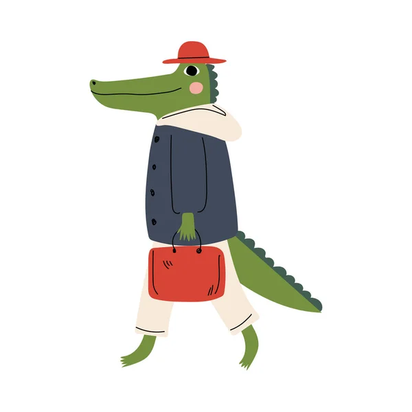 Cute Crocodile Walking with Suitcase, Funny Humanized Animal Cartoon Character with Luggage Going on Vacation Vector Illustration — Stock Vector