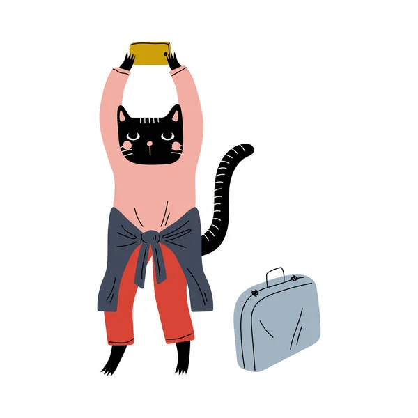 Niedliche schwarze Katze Tourist mit Koffer Fotografieren mit Smartphone, lustige humanisierte Tier-Cartoon-Figur mit Gepäck in den Urlaub Vektor Illustration — Stockvektor