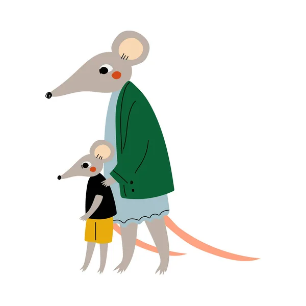 어머니 마우스와 그녀의 아이, 사랑하는 부모 동물과 사랑스러운 아이 인간화 문자 벡터 일러스트 — 스톡 벡터
