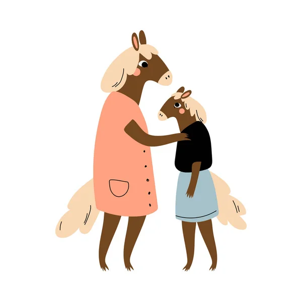 母亲马和她的女儿，爱父母动物和可爱的孩子人性化人物矢量插图 — 图库矢量图片