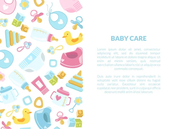 Plantilla de banner de cuidado del bebé con accesorios para recién nacidos y lugar para la ilustración de vectores de texto — Archivo Imágenes Vectoriales