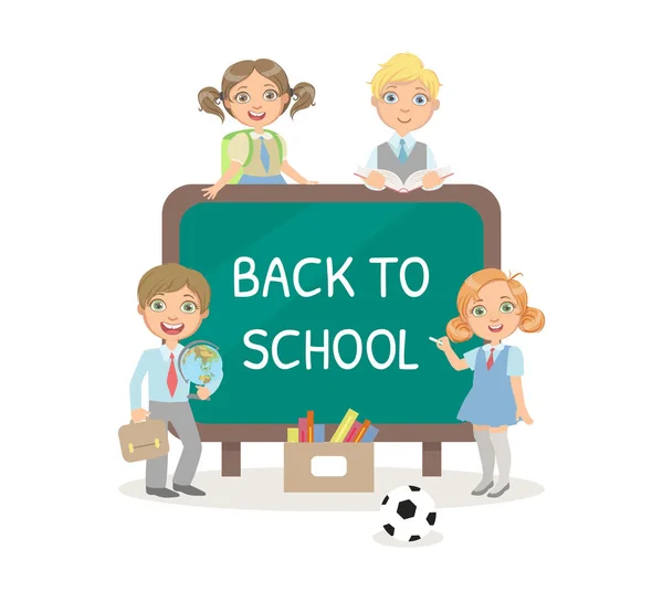 Ritorna a scuola Disegno testuale di Chalk sulla lavagna, Banner Template con graziosi Kid nell'illustrazione vettoriale uniforme — Vettoriale Stock