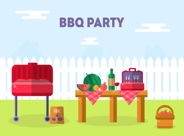 Plantilla de banner de fiesta bbq, Elementos de picnic al aire libre, Tarjeta de invitación para barbacoa, Ilustración de vectores de folleto de alimentos — Archivo Imágenes Vectoriales