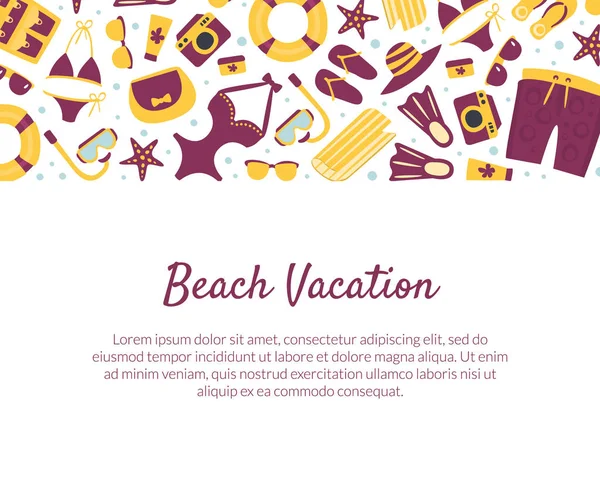 Strandurlaub Banner Vorlage, Sommerzeit Reisekarte mit Sommer-Accessoires und Platz für Text-Vektor-Illustration — Stockvektor