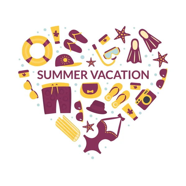Plantilla de banner de vacaciones de verano, tarjeta de viaje de verano con accesorios de playa en forma de corazón Vector Ilustración — Vector de stock