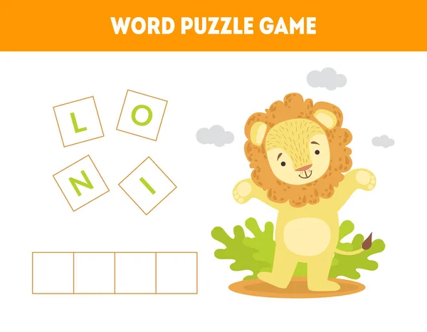 Löwe, Wort-Puzzle-Spiel, Lernspiel für Vorschulkinder, legen Sie die Buchstaben in der richtigen Reihenfolge Vektorillustration — Stockvektor