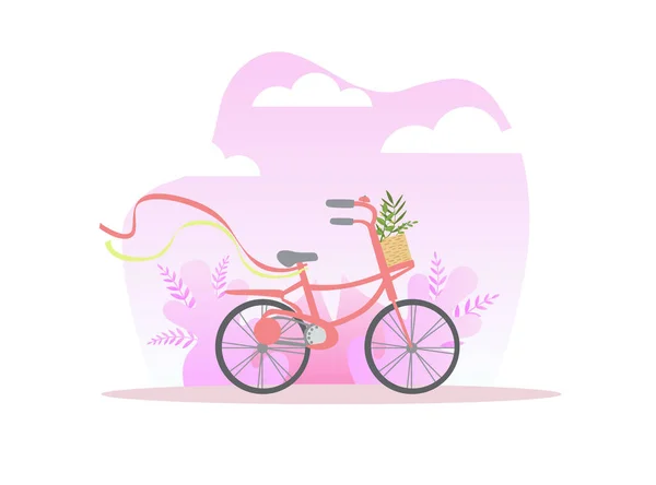 봄 또는 여름 배경 벡터 그림에 꽃바구니와 자전거 — 스톡 벡터