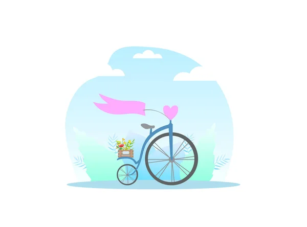 Bicicleta retro con jaula de madera de flores en primavera o verano fondo Vector Ilustración — Vector de stock