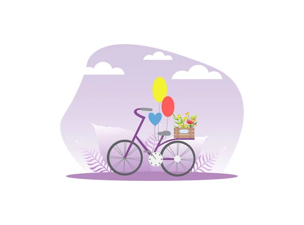 Bicicleta con jaula de madera de flores y globos en primavera o verano fondo Vector Ilustración — Vector de stock