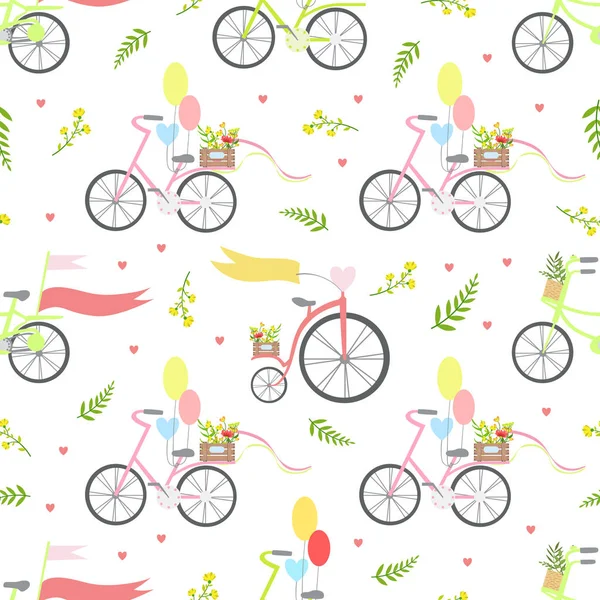 Bicicletas vintage con flores y globos patrón sin costura Vector Ilustración — Vector de stock