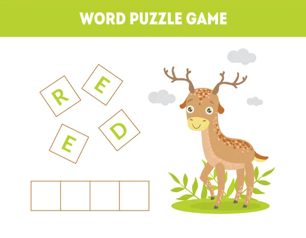 Herten, Woordpuzzelspel, educatief spel voor Preschool Kids, plaats de letters in de juiste volgorde vector illustratie — Stockvector