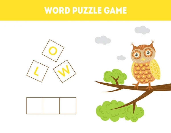 Gufo, Word Puzzle Game, Gioco educativo per bambini in età prescolare, Posizionare le lettere nel giusto ordine Illustrazione vettoriale — Vettoriale Stock
