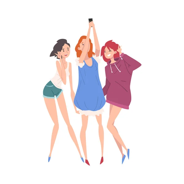 Όμορφα κορίτσια ντυμένοι σε μοντέρνα ρούχα στέκεται μαζί και κάνοντας selfie, ομάδα των φίλων, γυναικεία απεικόνιση διάνυσμα φιλίας — Διανυσματικό Αρχείο