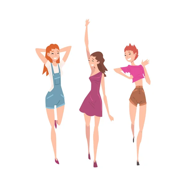 Překrásné dívky oblečené do módního oblečení, které stojí pohromadě, skupina přítelkyň, přátelství žen — Stockový vektor