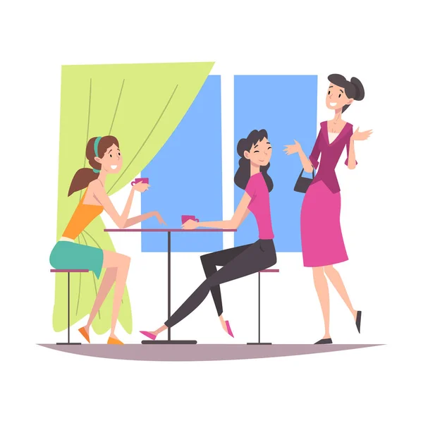 Krásné dívky oblečené v módních šatech v kavárně a mluvící mezi sebou, skupina přítelkyň, vektorová ilustrace pro ženské přátelství — Stockový vektor