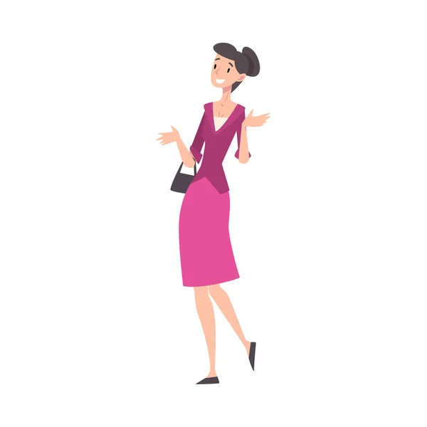 Bella sorridente ragazza donna che indossa abito viola vettoriale illustrazione — Vettoriale Stock