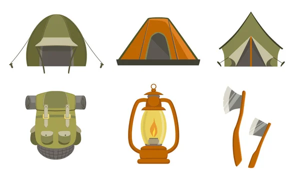 ハイキングキャンプアイコンセット、観光旅行機器ベクトルイラスト — ストックベクタ