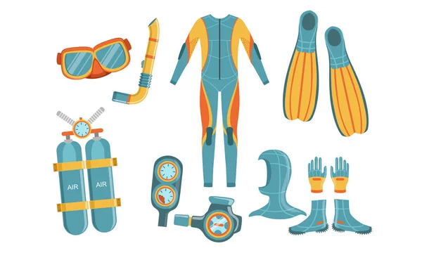 Dykutrustning set, våtdräkt, undervattens mask, snorkel, Aqualung, djupmätare, fenor vektor illustration — Stock vektor