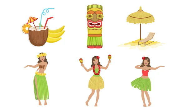 Collection de symboles traditionnels de la culture hawaïenne, Cocktail de noix de coco, Masque Tiki, Parapluie de paille, Belles filles dansant en costume traditionnel Illustration vectorielle — Image vectorielle