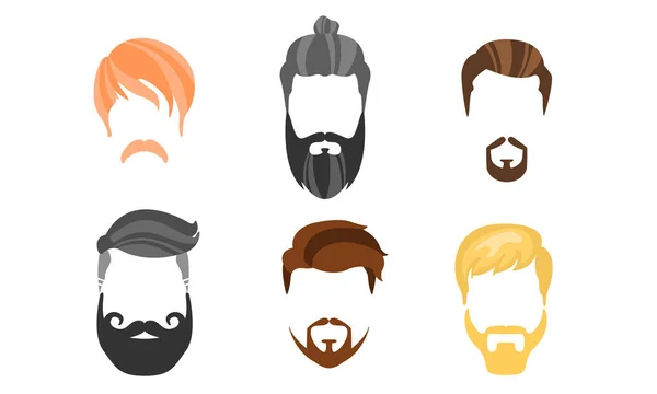 Different Male Hairstyles, Beards and Mustaches, Hipster Types of Haircuts Vector Illustration — Stock Vector