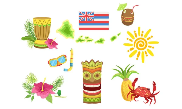 夏威夷传统物品的集合， 椰子鸡尾酒， 海龟， 太阳， 提基面具， 螃蟹， 菠萝， 木薯花矢量插图 — 图库矢量图片
