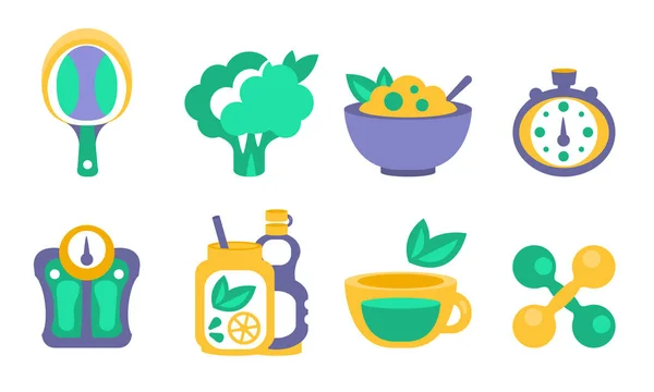 Ensemble d'icônes de fitness et de sport, Éléments de mode de vie sain, Raquette de tennis de table, Brocoli, Alimentation saine, Chronomètre, Balance, Vitamines et Supplément alimentaire, Illustration vectorielle d'haltères — Image vectorielle