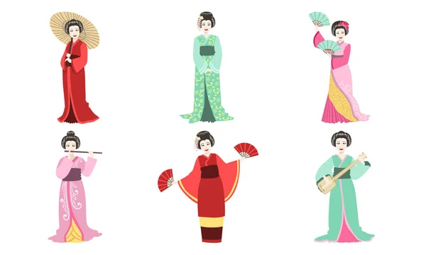 Japán lányok hagyományos ruha-set, ázsiai nő visel kimono, gésa és Kabuki karakterek Vector illusztráció — Stock Vector