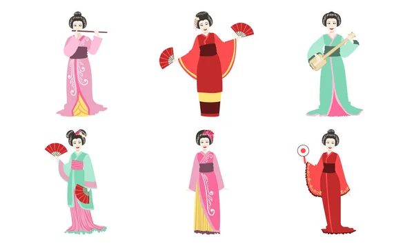 Japán lányok hagyományos ruhák beállítása, gyönyörű ázsiai nő visel kimono, gésa és Kabuki karakterek Vector illusztráció — Stock Vector