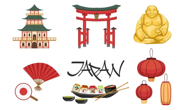 Coleção de símbolos culturais tradicionais do Japão, Viajar para a Ásia Elementos de design Ilustração vetorial — Vetor de Stock