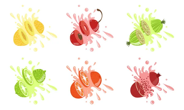 Sweet Fruits and Berries with Splashes Set, Melon, Cherry, Gooseberry, Lime, Orange, Pomegranate Vector Illustration — Stock Vector