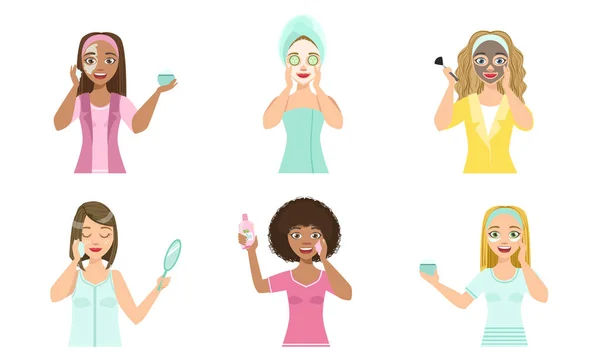 Mooie meisjes het toepassen van verschillende gezichtsmaskers voor huidverzorging en behandeling set vector illustratie — Stockvector