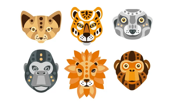 Collection of Animal Heads with Tribal Ethnic Ornament, Fox, Tiger, Raccoon, Monkey, Lion, Gorilla Vector Illustration — Stock Vector