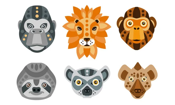 Colección de cabezas de animales con ornamento étnico tribal, mono, león, gorila, perezoso, lémur, coyote Vector Illustration — Archivo Imágenes Vectoriales