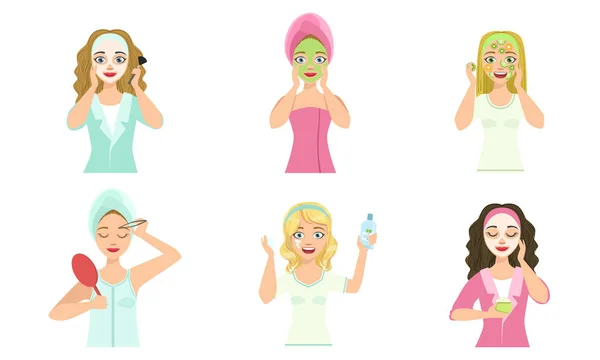Flickor som tillämpar olika ansiktsmasker för hudvård och behandling set, ung kvinna rengöring och omsorg för sina ansikten, skönhet, hygien vektor illustration — Stock vektor