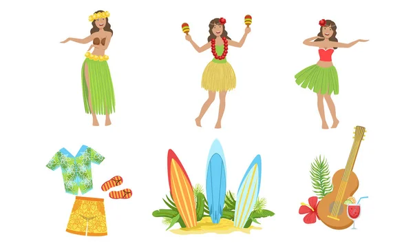 Collection of Traditional Symbols of Hawaiian Culture, Beautiful Girls Dancing in Traditional Costume Vector Illustration — Stock Vector