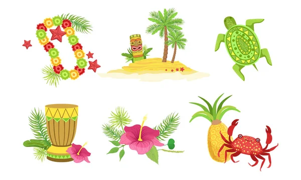 Colección de objetos tradicionales hawaianos, collar de flores, palmera, máscara de Tiki, tambor, cangrejo, piña, flor de hibisco Vector Ilustración — Archivo Imágenes Vectoriales