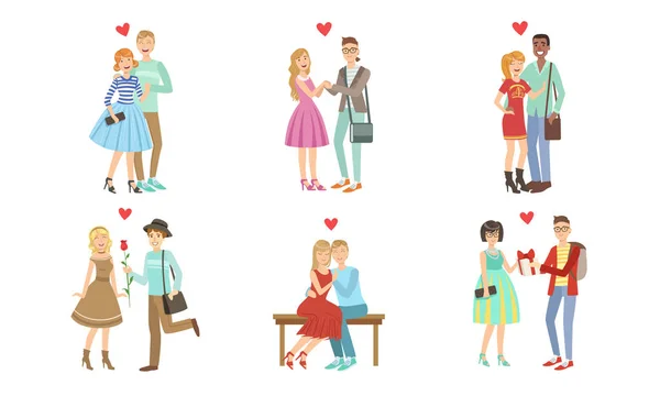 快乐浪漫爱情情侣系列，青年男女约会，散步，拥抱，赠送礼物和鲜花矢量插图 — 图库矢量图片