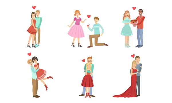 Gelukkig romantisch liefdevolle paren collectie, jonge mannen en vrouwen op datum, wandelen, knuffelen, maken van voorstel vector illustratie — Stockvector
