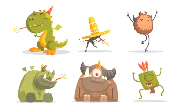 Leuke grappige monsters cartoon personages ingesteld, Birthday Party design element vector illustratie — Stockvector