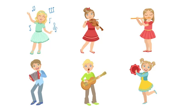 Kinderen spelen muziek en zingen set, jongens en meisjes met muziekinstrumenten, kinderen spelen viool, fluit, accordeon, gitaar, tamboerijn vector illustratie — Stockvector