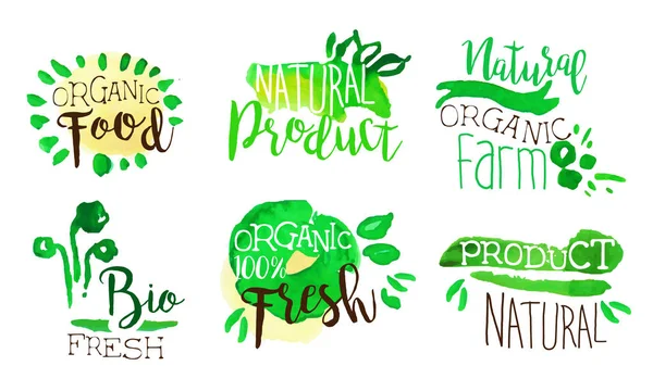 Organic Food Labels Set, Natural Farm Product Badges Hand Drawn Watercolor Vector Illustration — Stock Vector