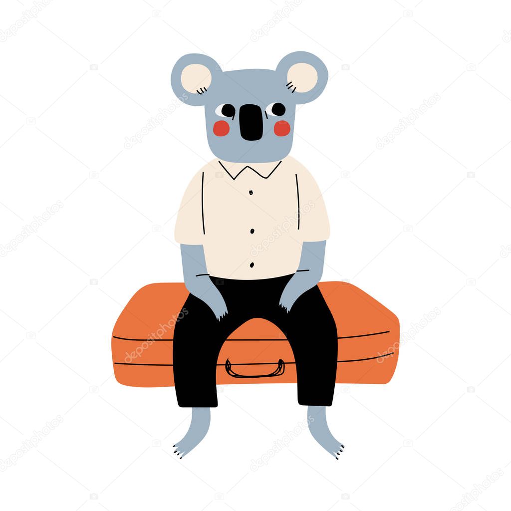 Cute Coala Bear Tourist Sitting on Suitcase, Funny Humanized Animal Cartoon Character with Luggage Going on Vacation Vector Illustration