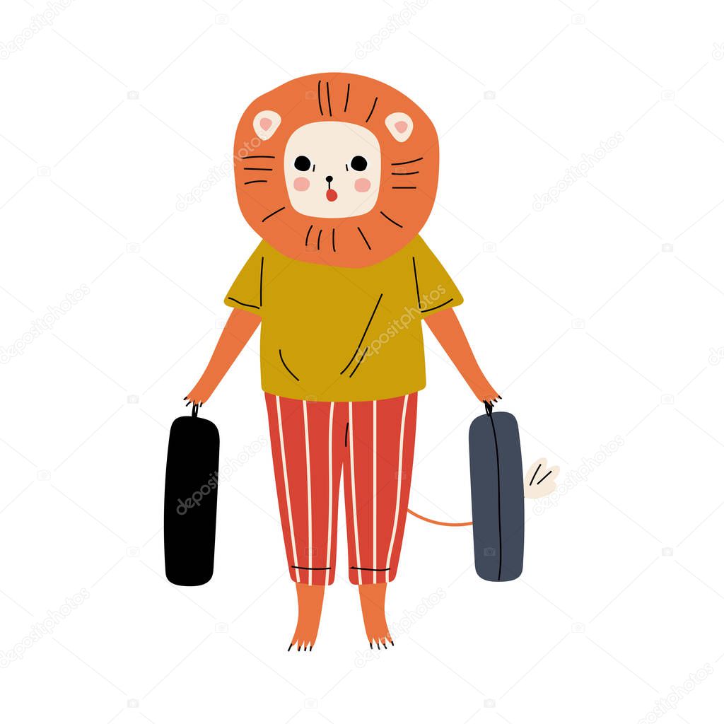 Cute Lion Tourist Standing with Suitcases, Funny Humanized Animal Cartoon Character with Luggage Going on Vacation Vector Illustration