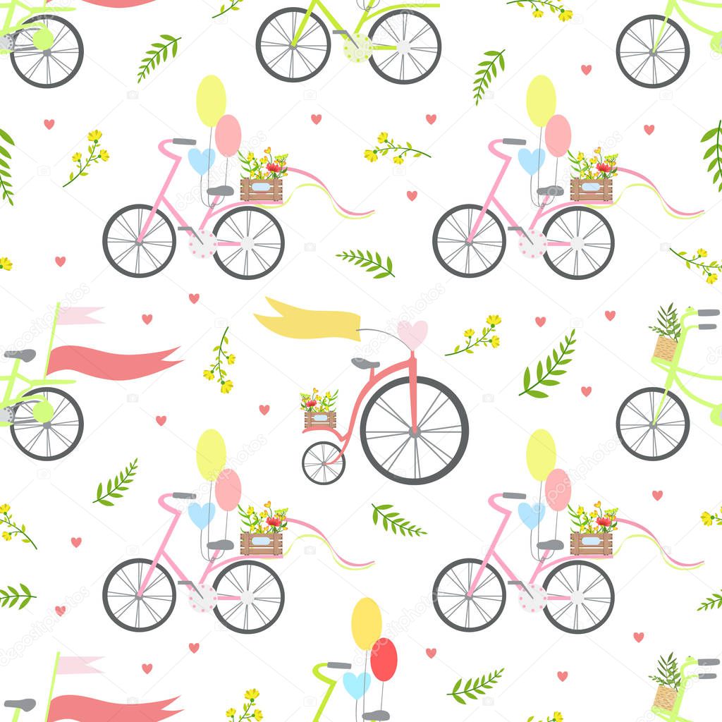 Vintage Bikes with Flowers and Balloons Seamless Pattern Vector Illustration