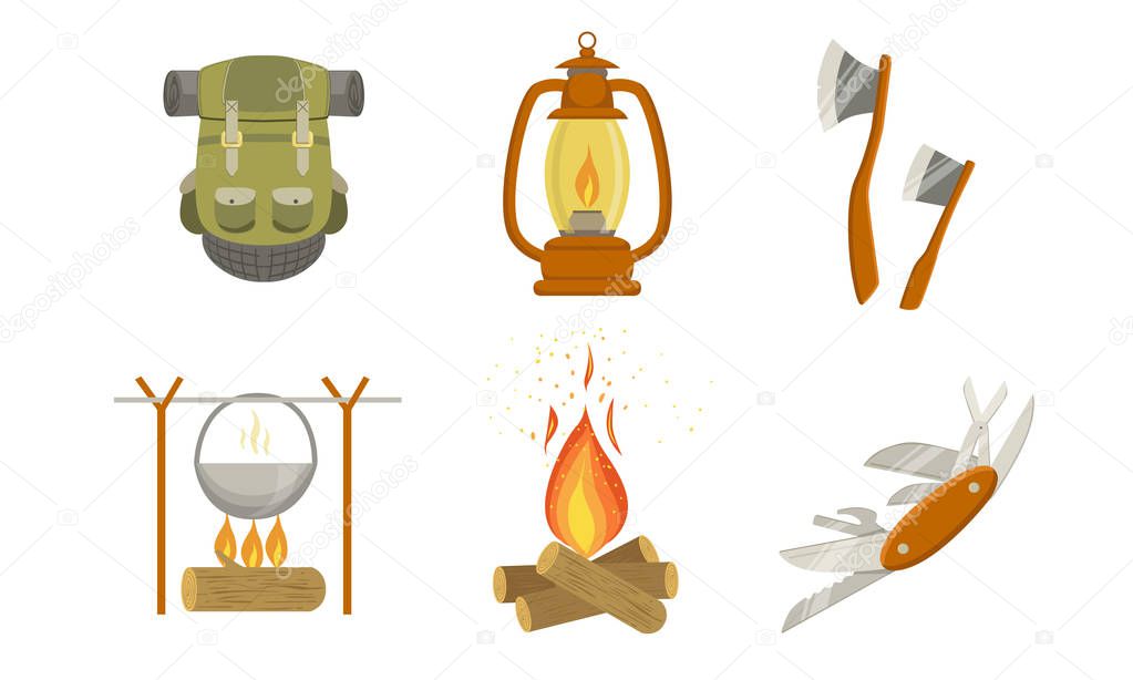 Hiking Camping Icons Set, Touristic Equipment and Accessories Vector Illustration