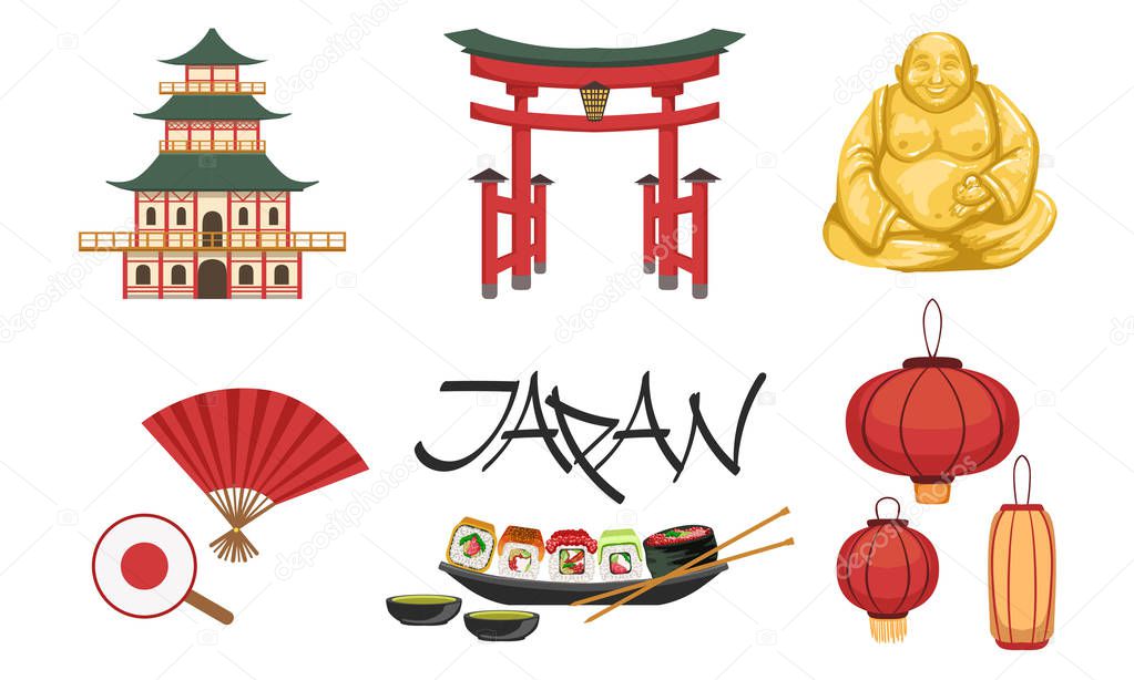 Collection of Japan Traditional Cultural Symbols, Travel to Asia Design Elements Vector Illustration