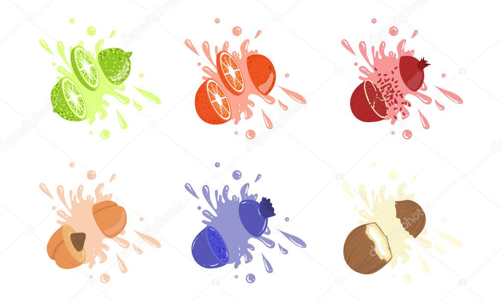 Sweet Fruits and Berries with Splashes Set, Lime, Orange, Pomegranate, Peach, Blueberry, Coconut Vector Illustration