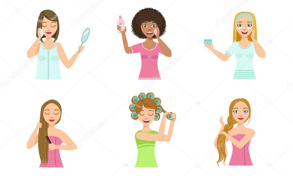 Girls Applying Different Facial Masks for Skin Care Set, Young Woman Cleaning and Caring for Their Faces, Facial Treatment, Beauty, Hygiene Vector Illustration