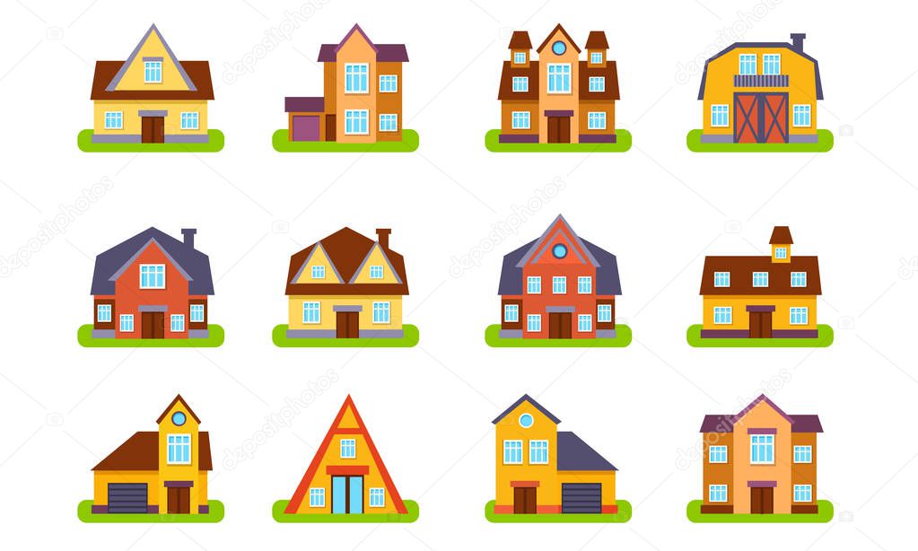 Suburban Two Story Houses and Cottages Set, Real Estate Buildings, Front View Flat Vector Illustration